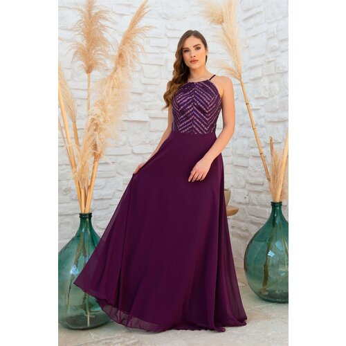 Carmen Plum Halter Sequined Long Evening Dress. Cene