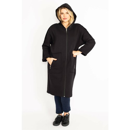 Şans Women's Plus Size Black Zipper And Hood Detailed Coat Cene