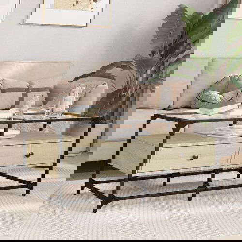 VidaXL Klubska mizica s steklom sonoma hrast 98,5x50x45 cm jeklo Slike