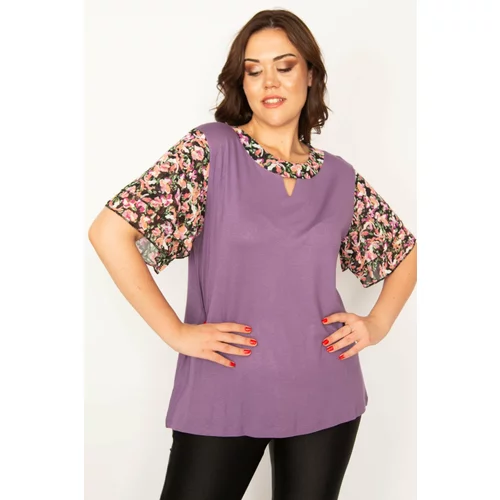 Şans Women's Plus Size Purple Chiffon Detailed Blouse with Tiered Sleeves