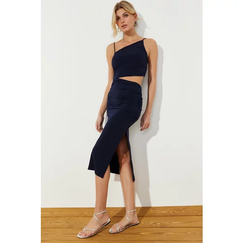Trendyol Navy Blue Cut Out Fitted Stretchy Knitted Midi Dress with Slits