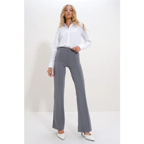 Trend Alaçatı Stili Women's Grey High Waist Front Grass Wide Leg Lycra Trousers