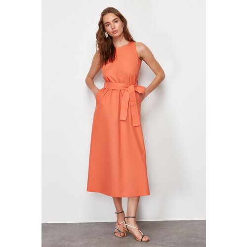Trendyol Orange Belted 100% Cotton Poplin Midi Woven Midi Dress Slike