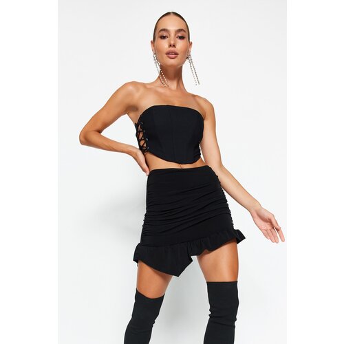 Trendyol Black Fitted Knitted Skirt With Drape Cene
