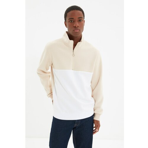 Trendyol beige men's paneled zippered stand-up collar regular sweatshirt Cene