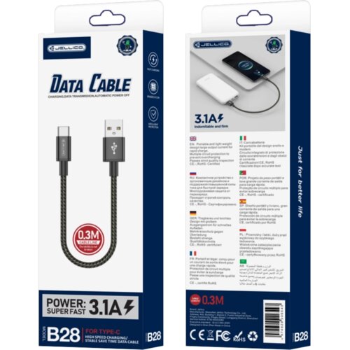 Jellico USB-C KABEL 3.1A B28 0.3M ZA ANDROID TELEFONE S HITRIM POLNJENJEM, (5000334605) Cene
