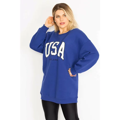 Şans Women's Plus Size Saks Embroidery Detail 3 Thread Inner Raised Fleece Sweatshirt
