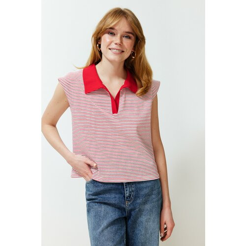 Trendyol Red Striped Polo Neck Regular/Normal Pattern Knitted T-Shirt Cene