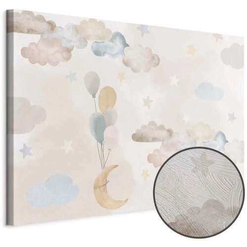  Slika - Fairy-Tale Moon - Pastel Moon with Balloons Among Colorful Clouds and Stars in Subdued Colors on a Light Background 30x2 Cene