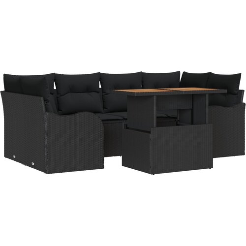 VidaXL 7 komadni vrtni sofa set s jastučićima Crna Poli ratan Akacija, 2-sjedna vrtna sofa s jastučićima Crna Poli ratan Slike