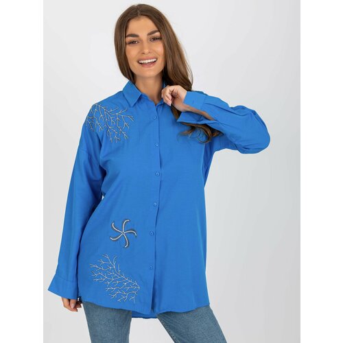 Fashion Hunters Dark blue oversize button shirt with embroidery Slike