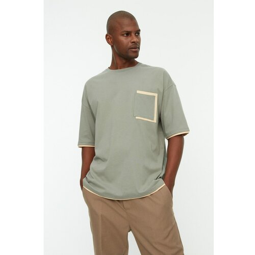 Trendyol Khaki Men's Oversize Crew Neck Contrast Detailed T-Shirt Cene