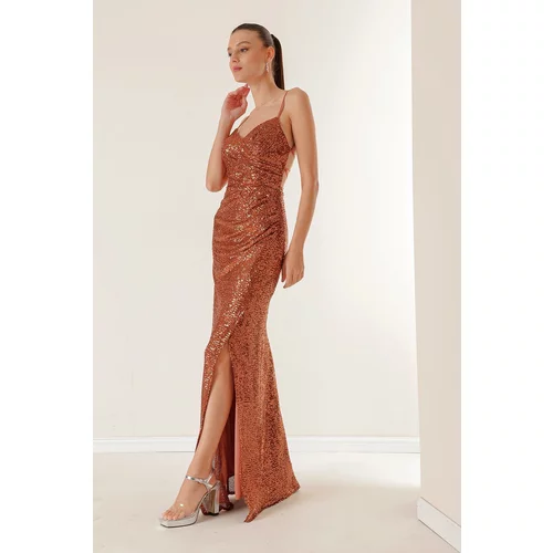 By Saygı Lined Long Puffy Dress with Rope Straps and Draped Front.