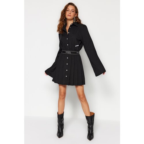Trendyol X Sagaza Studio Black Poplin Dress with Open Waist / Skater Waist Elasticated, Pleated Cene