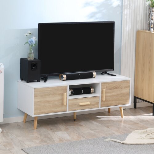 HOMCOM Nizka televizijska omarica za televizorje do 46'' z odprto polico, enim predalom in 2 odlagalnima enotama, iz iverne plošče in borovega lesa, 120x37x45,5 cm, bela in lesena barva, (20745651) Cene