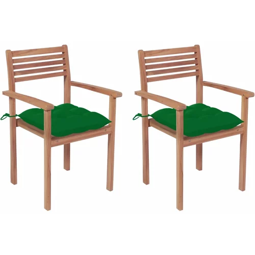 vidaXL Vrtni stoli 2 kosa z zelenimi blazinami trdna tikovina