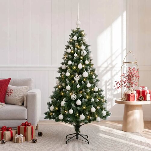  Umjetno božićno drvce s kuglicama 150 cm 150 LED lampica - 150 cm s LED žaruljama i bijelim kuglicama Slike