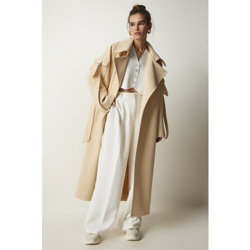 Happiness İstanbul Women's Cream Premium Fleece Long Cachet Coat with Pocket Detail on the Sleeves Slike