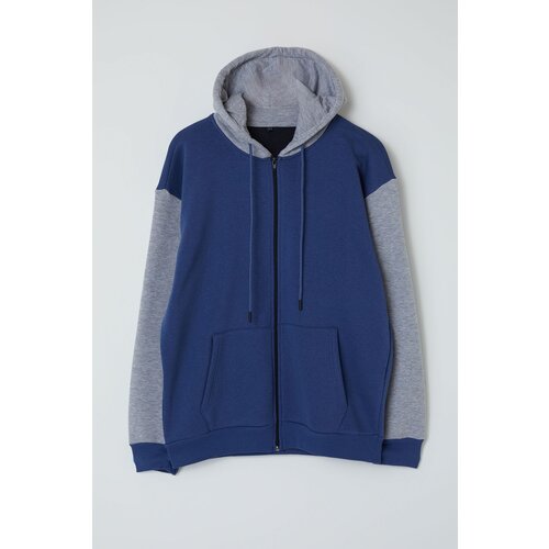 Trendyol Indigo Oversize/Wide Cut Hooded Color Block Fleece Inside/Warm Zippered Cardigan/Sweatshirt Slike