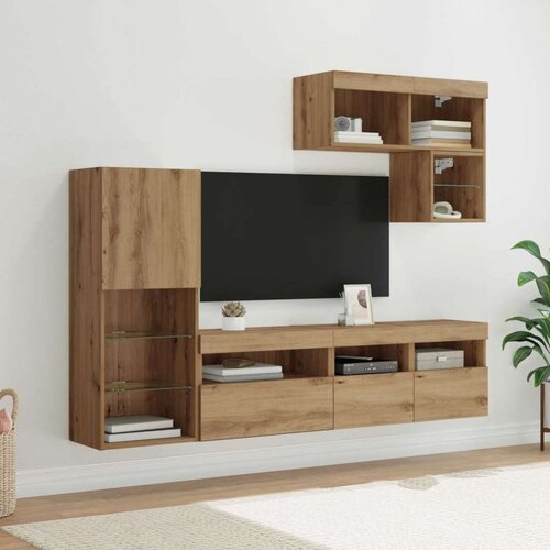 TV stenske enote z LED lučmi 6 pcs Umetni hrast Konstruiran les, (5000112689) Cene