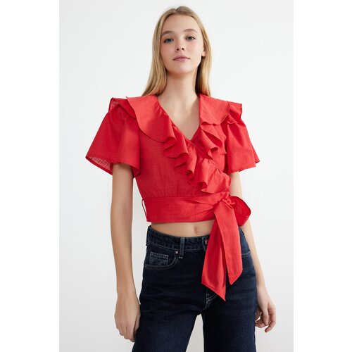 Trendyol Red Ruffle and Tie Detail Woven Blouse Slike