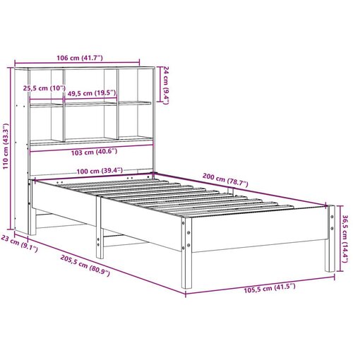 VidaXL Krevet s regalom za knjige bez madraca 100 x 200 cm od borovine Slike