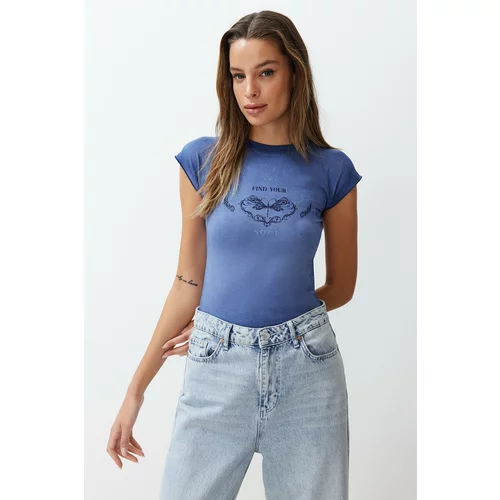 Trendyol Blue Fitted Printed Cotton Flexible Knitted T-Shirt
