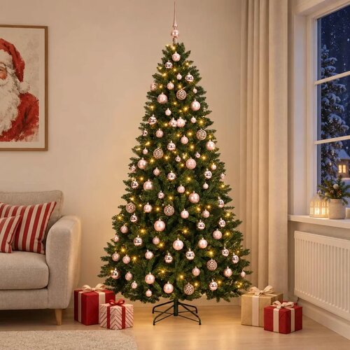  Umjetno božićno drvce tamnozeleno s kuglicama 240 cm - Tamnozelena &Oslash; 120 x 240 cm s 300 LED dioda i ružičastim lopticama Cijene