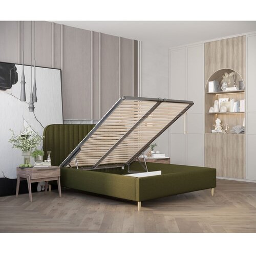 Maison de R&amp;ecirc;ve Zelena oblazinjena zakonska postelja s prostorom za shranjevanje z letvenim dnom 140x200 cm Noto &amp;ndash; Slike