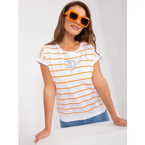 Fashion Hunters Ecru-orange striped blouse with appliqués