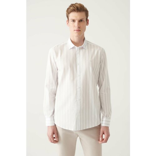 Avva Men's Grey-white 100% Cotton Striped Classic Collar Standard Fit Normal Cut Poplin Shirt Cene