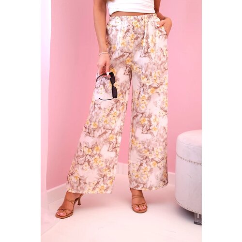 Kesi Włoski Women's wide-leg trousers with floral print beige+yellow Cijene