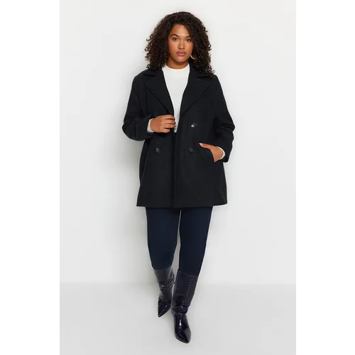 Trendyol Curve Navy Blue Regular Fit Single Button Herringbone Patterned Cashmere Coat