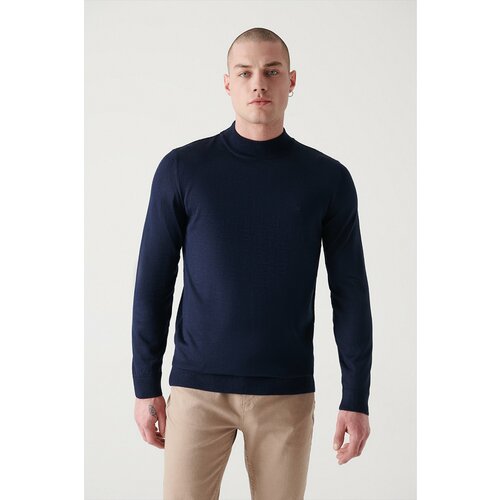 Avva Men's Navy Blue Half Turtleneck Wool Blended Standard Fit Normal Cut Knitwear Sweater Slike