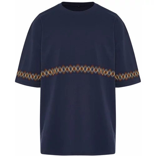 Trendyol Men's Navy Blue Oversize/Wide-Fit Embroidered 100% Cotton T-Shirt