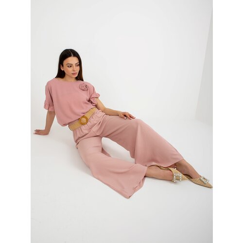 Fashion Hunters Light pink summer trousers made of fabric with a belt Cene