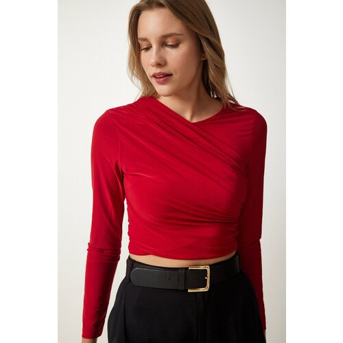 Women's Red Gathered Detailed Crop Sandy Blouse Slike