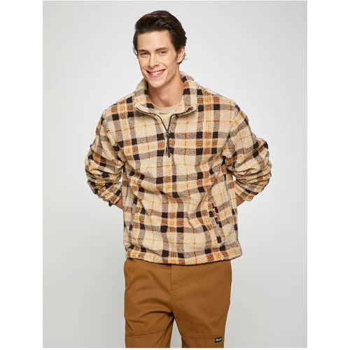 Koton Checked Sweatshirt Stand-Up Collar Half-Zip Pocket Detailed.