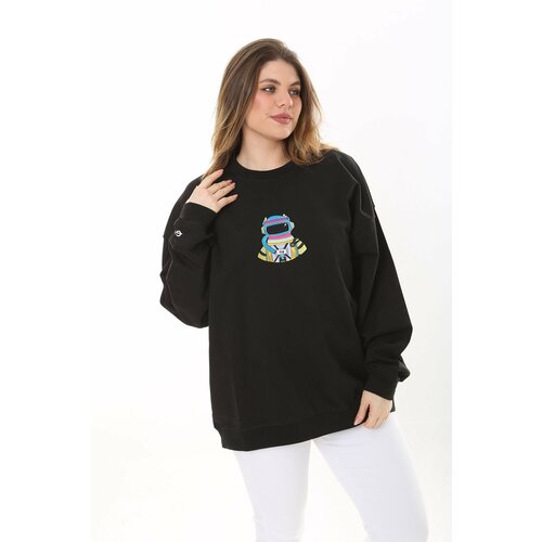 Şans Women's Plus Size Black Cotton Fabric Embroidered Sweatshirt Slike