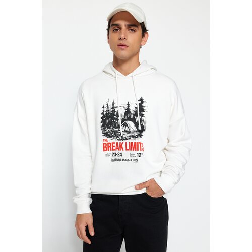 Trendyol Ecru Men's Oversized Fit Hoodie Outdoor Printed Sweatshirt. Slike