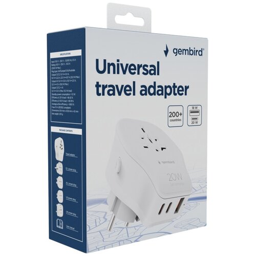 Gembird TPA-1A2C20-02-W Universal travel power adapter, 20 W, white Cijene