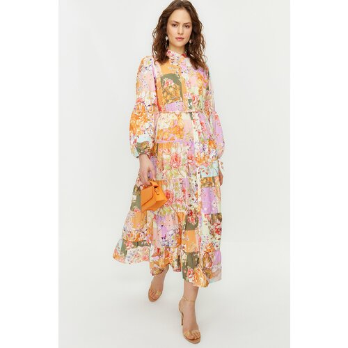 Trendyol Multicolored Floral Patterned Linen Look Woven Dress with Belt Detail Slike