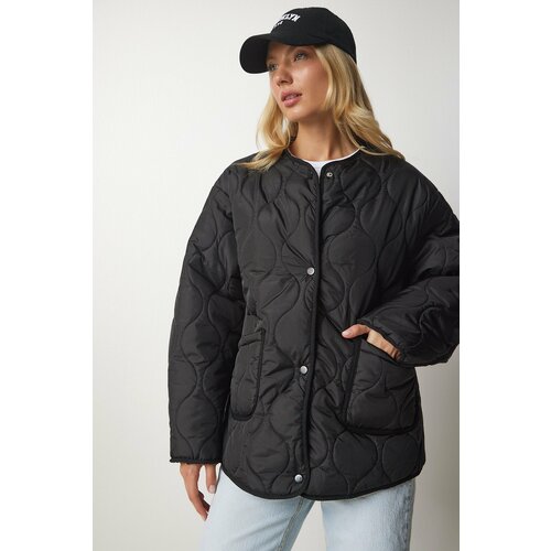 Happiness İstanbul Women's Black Oversized Quilted Coat with Pocket Slike