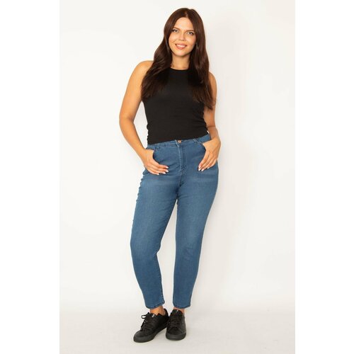 Şans Women's Plus Size Navy Blue Lycra 5-Pocket Jeans Trousers Slike