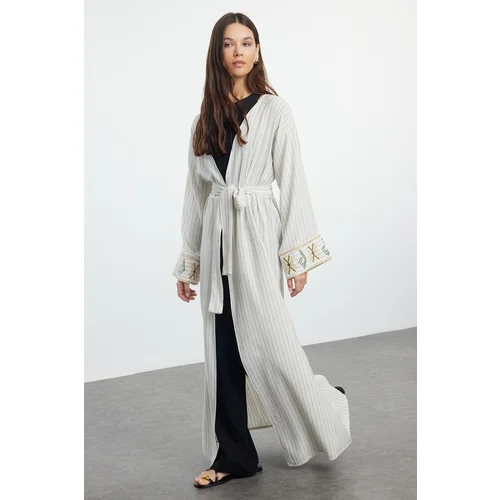 Trendyol Beige Linen Look Embroidered Woven Kimono & Kaftan & Abaya