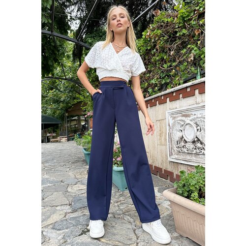 Trend Alaçatı Stili Women's Navy Blue High Waist Double Pockets Pleated Palazzo Pants with Snap Fastener Slike