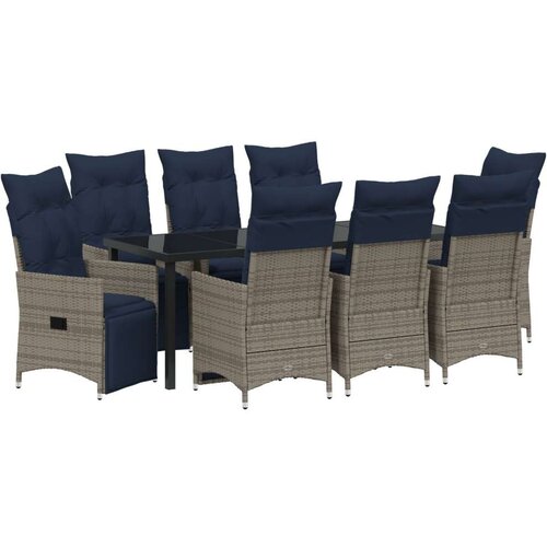  set za vrt z 9 kosi in blazinami iz sivo poliranega ratana, jedilna miza črna 200x80x73 cm iz kaljenega stekla Slike