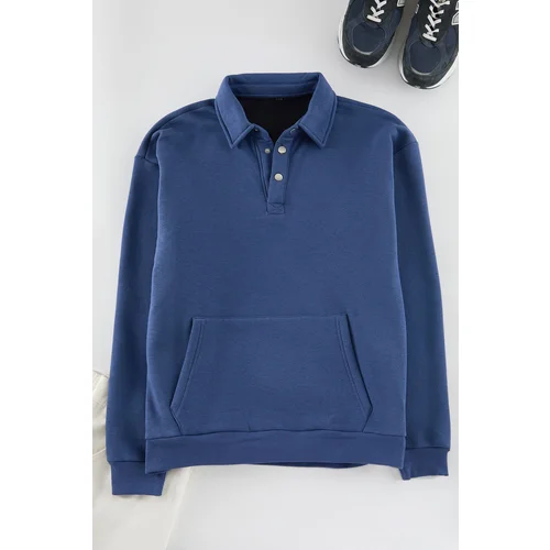 Trendyol Basic Indigo Oversize/Wide Cut Shirt Collar Pocket Fleece Thick Sweatshirt