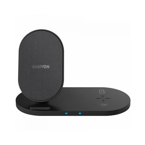 Canyon WS-202 2in1 Wireless charger, Input 5V/3A, 9V/2.67A, Output 10W/7.5W/5W, Type c cable length 1.2m, PC+ABS,with PU part ,180*86*111.1mm, 0.185Kg,Black Cene