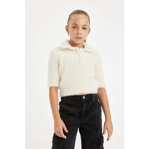 Defacto Girl Ecru Regular Fit Polo Collar Soft Textured Knitwear Sweater